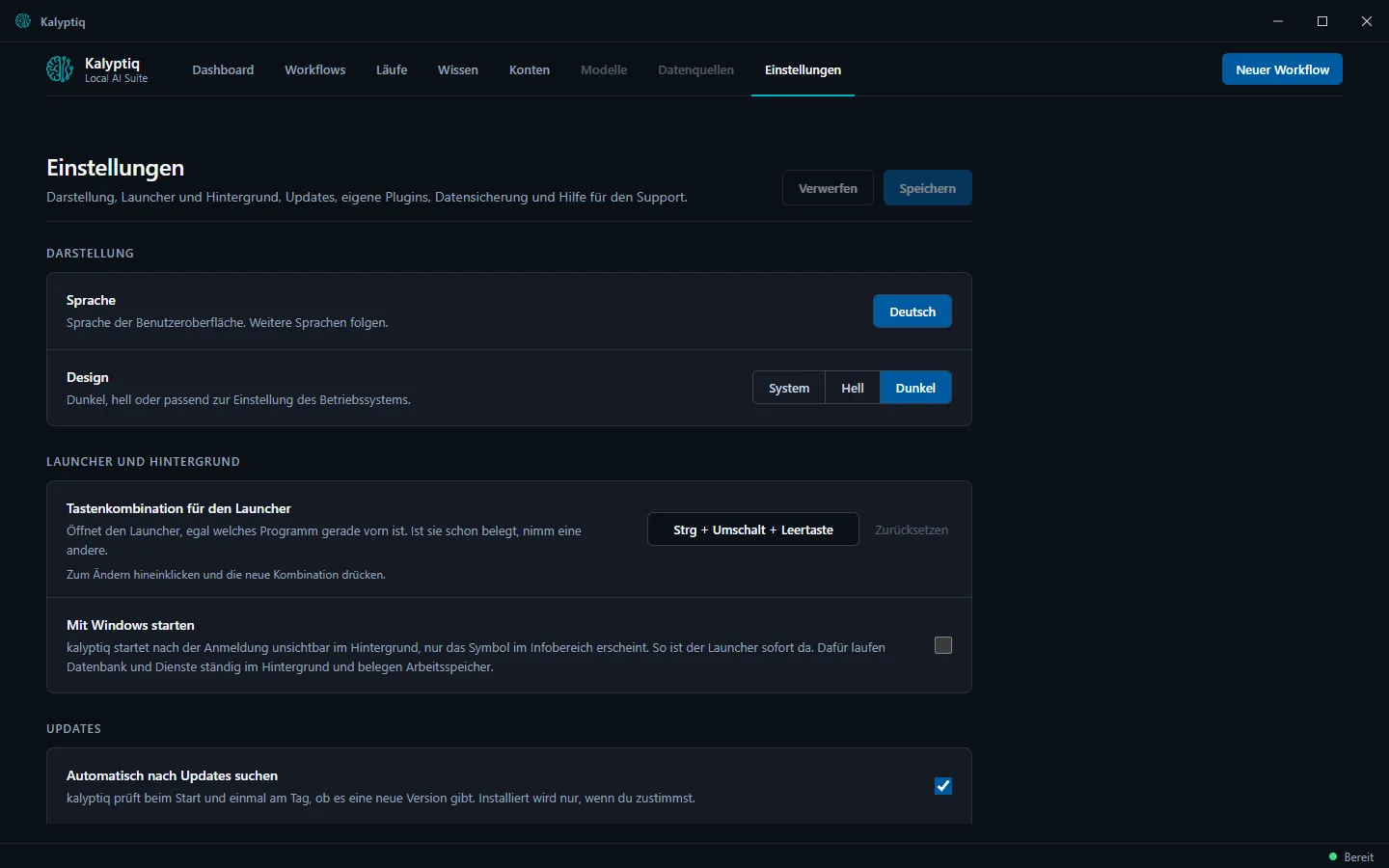 Die Einstellungen mit den Bereichen Darstellung, Launcher und Hintergrund und Updates