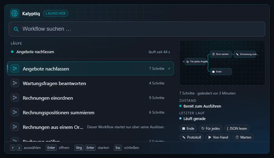 Der Launcher mit dem Suchfeld, laufenden Läufen, der Liste der Workflows und rechts einer Vorschau des markierten Workflows